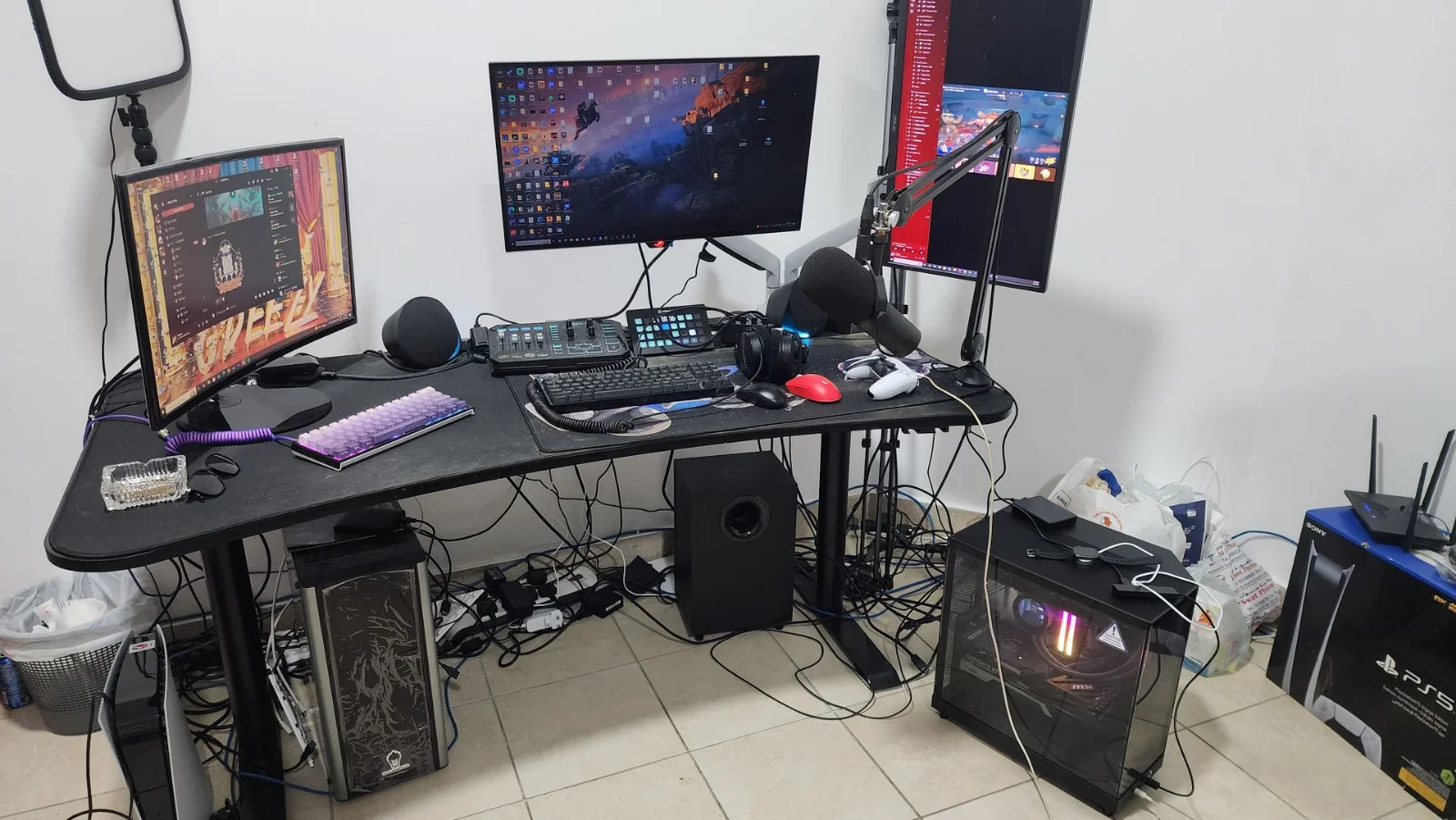 Omar's setup before FLC — tangled cables everywhere
