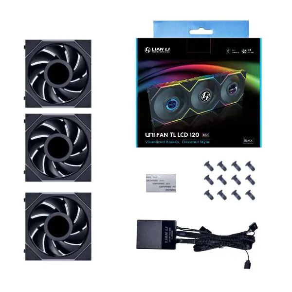 LIAN LI UNI FAN TL-LCD 28MM LCD WITH CONTROLLER 120MM ARGB PWM FAN 3PCS - BLACK