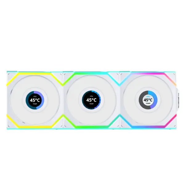 LIAN LI UNI FAN SL-LCD WIRELESS 28MM LCD 120MM REVERSE BLADE FAN 3PCS - WHITE