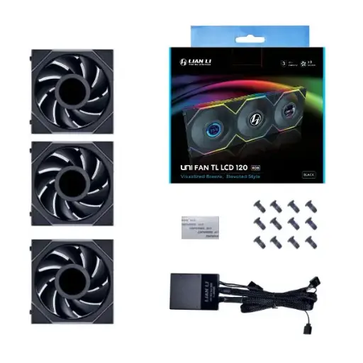 LIAN LI UNI FAN TL-LCD 28MM LCD WITH CONTROLLER 120MM ARGB PWM FAN 3PCS - BLACK