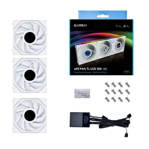 LIAN LI UNI FAN TL-LCD 28MM LCD WITH CONTROLLER 120MM ARGB PWM FAN 3PCS - WHITE